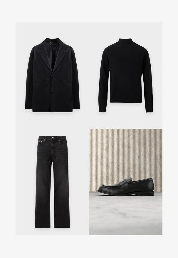 Zwarte leren blazer met een opstaande kraag, twee knopen en zijzakken. Beschikt over een soepele textuur en een gestructureerde silhoët.; Zwarte coltrui met lange mouwen, gemaakt van zacht gebreid materiaal. Voorzien van een geribbelde kraag en zoom voor een aansluitende pasvorm.; Zwarte jeans met rechte pijpen, vijf zakken, riemlussen en knoopsluiting, weergegeven op een witte achtergrond.; Zwarte leren loafer met een metalen merktekenplaatje, rustend bij een bruine ronde tafel op een beige tapijtvloer.