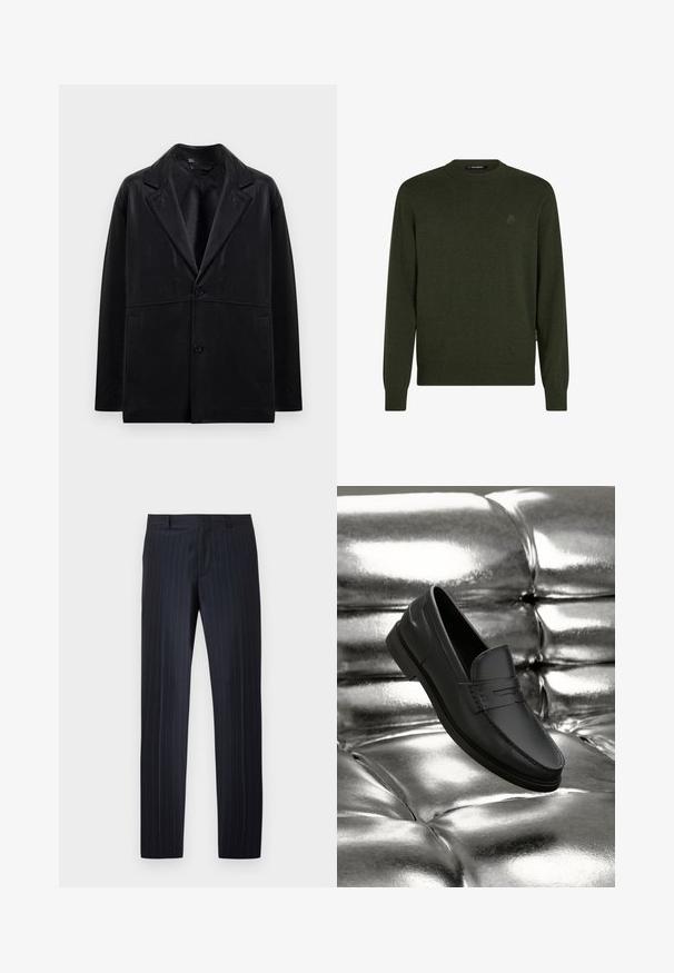 Schwarze Lederblazer mit Reverskragen, zwei Knöpfen und Seitentaschen. Verfügt über eine glatte Textur und eine strukturierte Silhouette.; Dunkelgrüner Pullover mit langen Ärmeln und Rundhalsausschnitt. Hergestellt aus weichem, strukturiertem Stoff, mit einem dezenten Logo auf der Brust und gerippten Bündchen.; Marineblaue Stoffhose mit dezenten weißen Nadelstreifen, Gürtelschlaufen und einem Frontreißverschluss, präsentiert vor einem schlichten weißen Hintergrund.; Schwarze Lederloafers mit glatter Oberfläche, mit Ziernähte und klassischem Design, präsentiert vor einem metallischen, glänzenden Hintergrund.