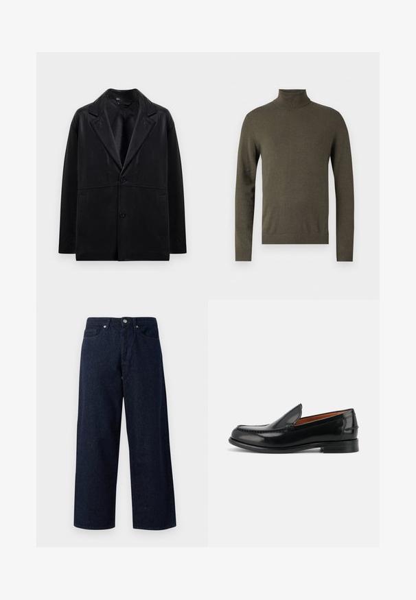 Sort læderblazer med rejsekrave, to knapper og sidelommer. Har en glat tekstur og en struktureret silhuet.; Oliven grøn rullekravesweater i et blødt, struktureret strik. Har lange ærmer og en ribbet udskæring og kant, med fokus på komfort og pasform.; Mørkeblå denim brede jeans med knaplukning, forlommer og subtil tekstur, med lige kanter og en afslappet pasform.; Sort poleret læder slip-on loafer med lav hæl og syninger langs tåen og siderne, vist fra siden.