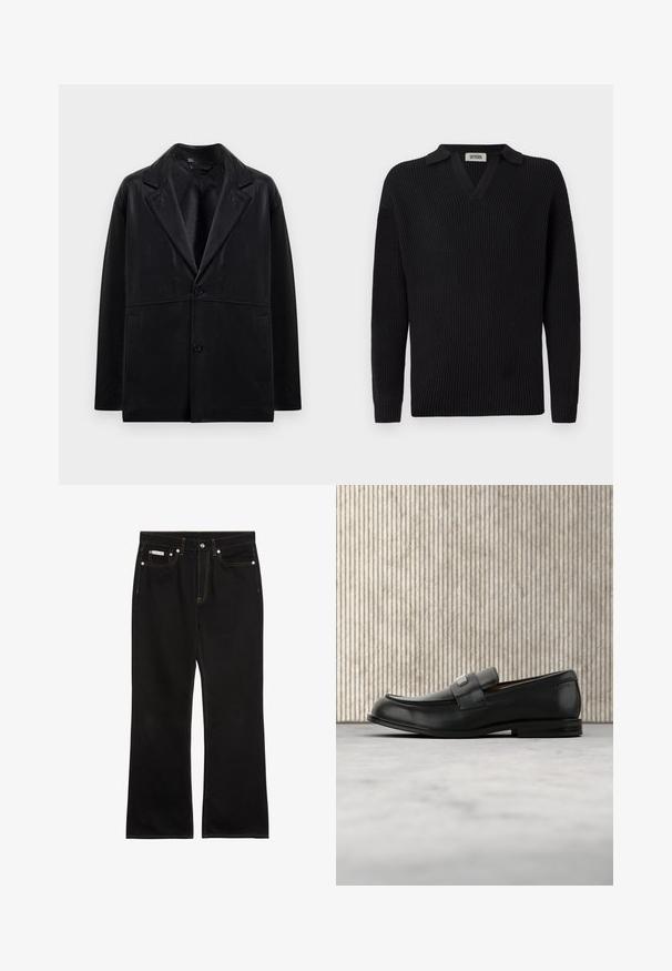 Sort læderblazer med rejsekrave, to knapper og sidelommer. Har en glat tekstur og en struktureret silhuet.; Sort ribbet striktrøje med v-udskæring og kort krave, med lange ærmer og et enkelt design med en enkelt brystlomme.; Sorte jeans med lige ben, orange syning, fem lommer, knaplukning og et lille Calvin Klein-mærke på den forreste højre lomme.; Sort læderloafer med metalbrandskilt hvilende nær et brunt rundt bord på beige tæppe.