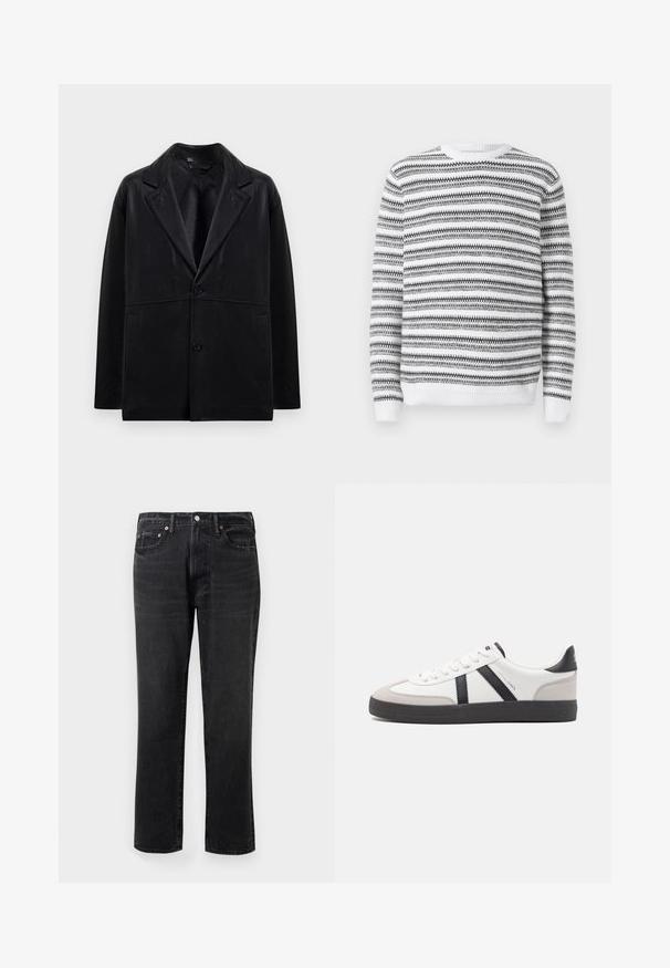Sort læderblazer med rejsekrave, to knapper og sidelommer. Har en glat tekstur og en struktureret silhuet.; Strikket pullovertrøje med rund hals, der har sorte og hvide vandrette striber samt ribbede manchetter og kant. Blød tekstur.; Sorte denim jeans med lige ben, featuring knap- og lynlåslukning, fem lommer og kobberhardware-detaljer.; Hvide sneakers med sorte og grå detaljer, med en tekstureret grå tåhætte, sort gummisål og flade hvide snørebånd. Rent design, minimalistisk stil.