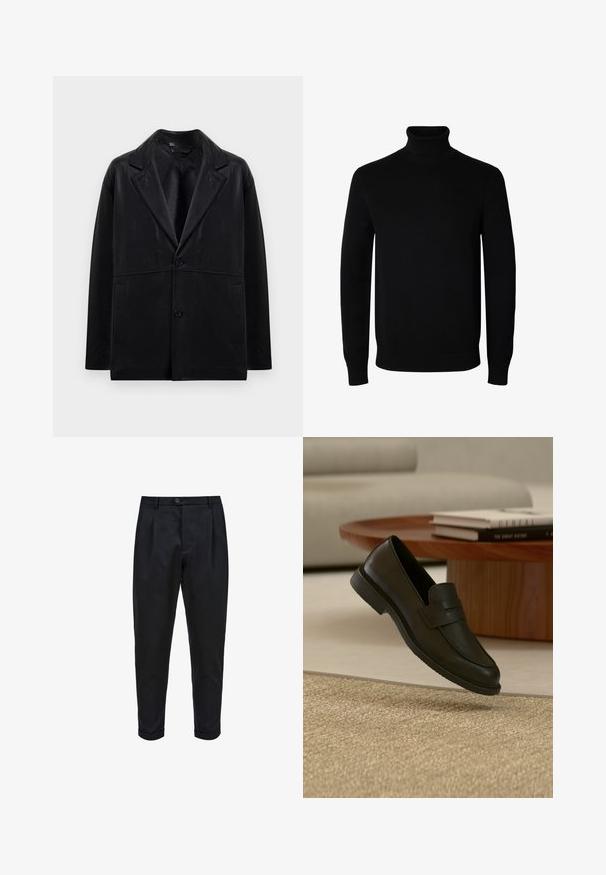 Zwarte leren blazer met een opstaande kraag, twee knopen en zijzakken. Beschikt over een soepele textuur en een gestructureerde silhoët.; Zwarte coltrui met lange mouwen met geribde boorden en zoom, afgebeeld op een effen witte achtergrond.; Zwarte broek van een gladde stof, met een geplooide voorkant, taps toelopende pasvorm en opgerolde mouwen. Eenvoudige knoopsluiting bij de taille.; Zwarte leren loafer schoen getoond in de lucht boven een beige geweven tapijt, met een houten tafel en gestapelde boeken in een zacht verlichte woonkamer.