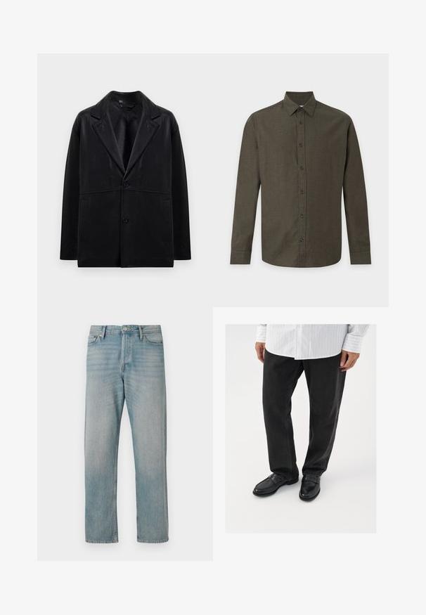 Zwarte leren blazer met een opstaande kraag, twee knopen en zijzakken. Beschikt over een soepele textuur en een gestructureerde silhoët.; Olijfgroen overhemd met lange mouwen, knoopsluiting en een puntkraag op een effen lichte achtergrond.; Lichtblauwe denim jeans met een rechte pijpdesign, voorzien van klassieke vijf zakken, knoopsluiting en subtiele vervaging voor textuur.; Zwarte denim broek gecombineerd met glanzende zwarte instappers. Het shirt is wit met dunne verticale strepen, heeft lange mouwen en een geknoopte kraag.
