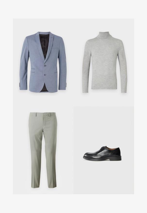 Lyseblå blazer lavet af struktureret stof, med to knapper, slagkraver, sidelommer og sort indvendig foret.; Lys grå langærmet turtleneck sweater med fin strik, vist på en neutral hvid baggrund.; Lys grå bukser med skræddersyet pasform, der har glat stof, lige ben og en ensfarvet talje uden synlig hardware.; Sorte lædersko med rund tå, glat overflade, snøre detaljer og en lav, tekstureret gummisål. Rene linjer og minimalistisk design.