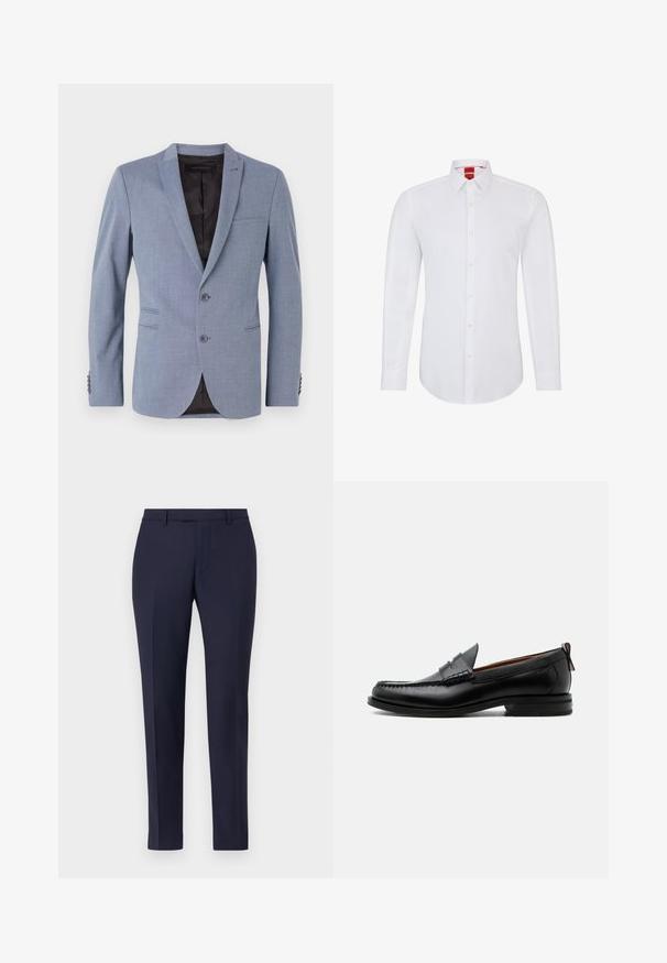 Heller blauer Blazer aus strukturiertem Stoff, mit zwei Knöpfen, Reverskragen, seitlichen Taschen und einem schwarzen Innenfutter.; Weißes Langarmhemd mit Kragen, ausgestattet mit einer durchgehenden Knopfleiste und weichem, glattem Stoff. Keine Muster oder Akzente sichtbar.; Navyblaue maßgeschneiderte Hose mit einem eleganten Design, flachem Vorderteil, schmalen Beinen und ohne sichtbare Beschläge oder Muster. Glatte Stofftextur.; Schwarzer Leder-Herrenschuh mit Mokassinnaht, Penny-Riemen, strukturiertem Kragen und niedrigem gestapeltem Absatz auf weißem Hintergrund.