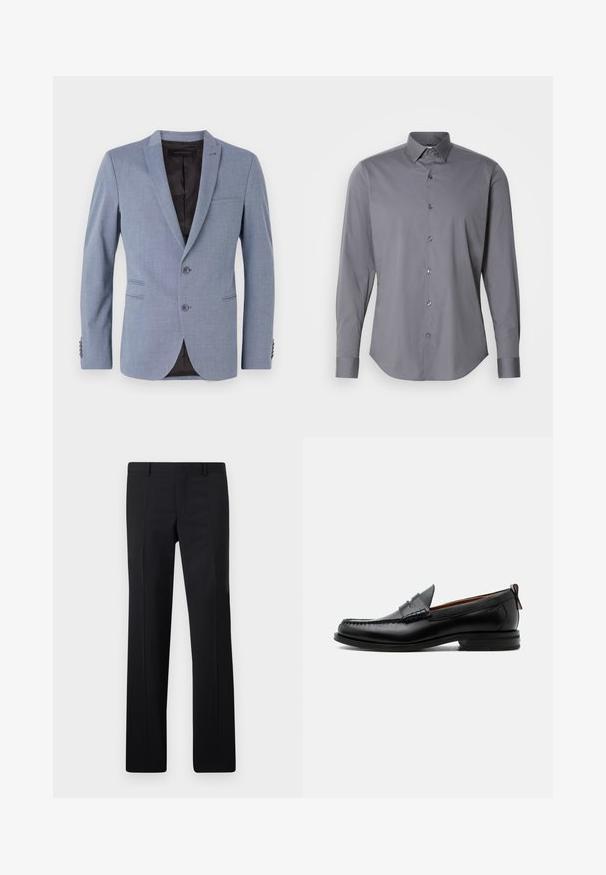 Lyseblå blazer lavet af struktureret stof, med to knapper, slagkraver, sidelommer og sort indvendig foret.; Grå langærmet skjorte med knapper fremstillet af glat bomuld. Har en klassisk krave og rundet kant med seks mørke knapper på forsiden.; Sorte skræddersyede bukser med et lige ben design, skarpe folder og en glat overflade. Fremstillet af letvægtsstof med en ren talje.; Sort læder herre loafer med moc-tå syning, penny strop, struktureret krave og lav stablet hæl på hvid baggrund.