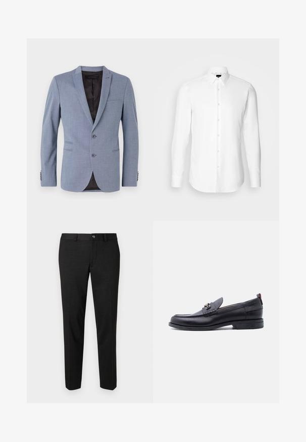 Heller blauer Blazer aus strukturiertem Stoff, mit zwei Knöpfen, Reverskragen, seitlichen Taschen und einem schwarzen Innenfutter.; Weißes Langarmhemd, vorne mit Knöpfen, klassischer Kragen, aus glattem Stoff mit feiner Textur, für eine figurnahe Passform entworfen.; Schwarze Hose aus glattem Stoff. Sie hat einen geraden Schnitt, eine flache Vorderseite und einen Knopfverschluss mit einem schlichten Taillendesign.; Schwarzer Lederloafer mit grauem, strukturiertem Vorderblatt, silberner Metallschnalle, niedrigem Absatz und Zuglasche hinten.