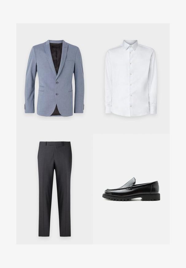 Lyseblå blazer lavet af struktureret stof, med to knapper, slagkraver, sidelommer og sort indvendig foret.; Hvid langærmet skjorte lavet af glat stof, med en klassisk krave, knaplukning og manchetter med knapper, vist på en ensfarvet baggrund.; Skræddersyede mørkegrå bukser i et glat, tekstureret stof; har flad front og lige ben; minimalistisk design uden synlige detaljer.; Sort læderloafer med chunky gummisål, syet overdel og præget mærkenavn på hælen, vist i sideprofil på hvid baggrund.
