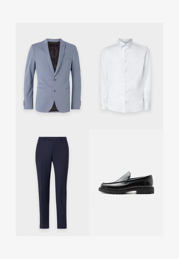 Blazer azul claro hecho de tela texturizada, con dos botones, solapas de muesca, bolsillos laterales y forro interior negro.; Camisa blanca de manga larga hecha de tela suave, con un cuello clásico, tapeta de botones y puños con botones, presentada sobre un fondo liso.; Pantalones de traje azul marino con un diseño elegante, frente plano, piernas estrechas y sin herrajes o patrones visibles. Textura de tela suave.; Mocasín de cuero negro con suela de goma gruesa, empeine cosido y nombre de la marca en relieve en el talón, mostrado en perfil lateral sobre fondo blanco.