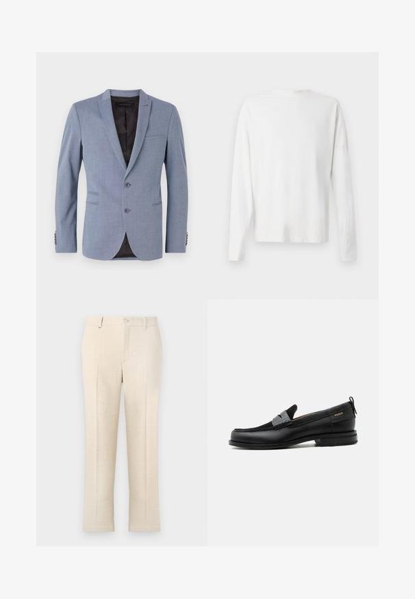 Blazer azul claro hecho de tela texturizada, con dos botones, solapas de muesca, bolsillos laterales y forro interior negro.; Camisa de algodón blanca de manga larga con cuello redondo, aberturas laterales en la parte inferior y una textura suave, exhibida desde la parte de atrás.; Pantalones beige ajustados con una tela texturizada, que cuentan con cierre de cremallera, dos bolsillos frontales y un diseño de pierna recta y slim.; Mocasín de cuero negro con detalle de tira gris, tacón bajo y suela texturizada, con la marca "HUGO" en oro en el lateral.