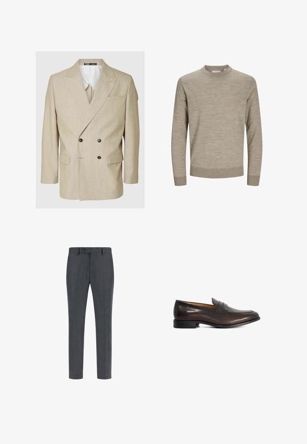 Blazer beige à double boutonnage en tissu texturé, avec des revers en notch, deux boutons noirs et des poches latérales pour une coupe décontractée.; Pull beige à manches longues avec col rond, poignets et ourlet côtelés, présenté sur un fond blanc.; Pantalons ajustés gris foncé en laine mélangée texturée, avec une taille plate, des poches latérales et une fermeture à bouton unique. Design slim fit.; Mocassin penny en cuir marron foncé pour homme avec petit talon et détail de bride décorative sur fond blanc uni.