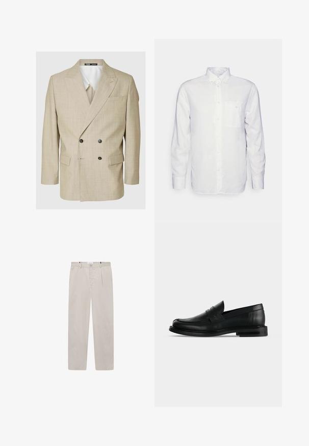 Blazer beige à double boutonnage en tissu texturé, avec des revers en notch, deux boutons noirs et des poches latérales pour une coupe décontractée.; Chemise blanche à manches longues en coton, avec un col à rabat, une poche avant et une coupe régulière. Tissu texturé avec une surface lisse.; Pantalons beige clair en tissu doux, présentant une coupe droite, deux poches latérales et une fermeture par bouton à l'avant. Texture légère et lisse.; Mocassin penny pour homme en cuir noir avec talon bas empilé et bout arrondi, vu de profil sur fond gris clair.