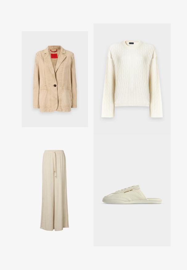 Beige bomuldsjakke med dekorativ krave, enkelt sort knaplukning, to forlommer og synlige syninger. Rød label indeni.; Kremfarvet kabelstrikket sweater med lange ærmer, rund halsudskæring og tekstureret mønster. Fremstillet af blødt, vævet stof.; Beige bukser med vide ben, elastisk talje og snøre, med perforerede sidepaneler for ekstra tekstur og åndbarhed.; Slip-on sneaker i cremefarve med snøre-detalje, Michael Kors logo på siden og lav polstret sål, vist i sideprofil.