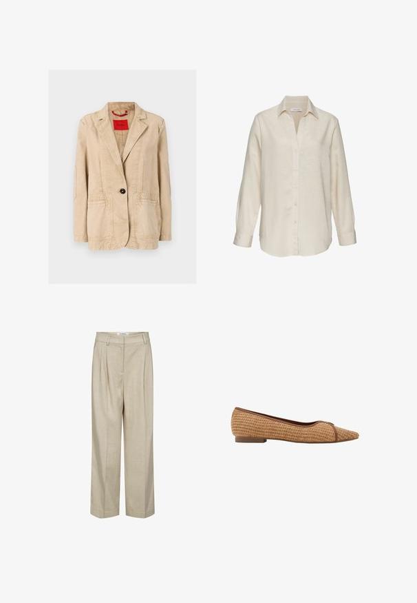 Cazadora de algodón beige con solapas muesca, cierre de un solo botón negro, dos bolsillos frontales y detalles de costura visibles. Etiqueta roja en el interior.; Camisa de botones color crema con mangas largas, cuello con solapa y un corte relajado. Fabricada con un tejido ligero y texturizado.; Pantalones beige de talle alto y pernera ancha con trabillas para cinturón y pliegues delanteros, diseñados para un ajuste relajado pero elegante.; Zapato plano de punta puntiaguda en material tejido de color tostado con ribete marrón y tacón bajo sobre fondo blanco.