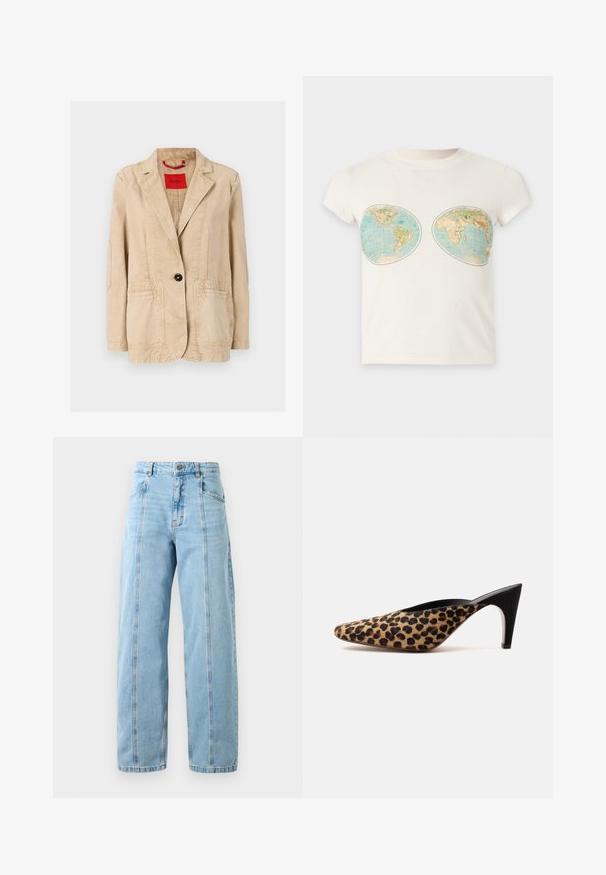 Veste en coton beige avec un revers cranté, fermeture à un bouton noir, deux poches avant et des détails de couture visibles. Étiquette rouge à l'intérieur.; T-shirt blanc à manches courtes avec deux impressions de cartes du monde de style vintage placées sur la poitrine.; Jeans droits taille haute bleu clair avec coutures à l'avant, poches latérales, passants de ceinture et fermeture à bouton en métal.; Mule à bout pointu avec dessus imprimé léopard et talon stiletto noir de hauteur moyenne sur fond blanc uni.
