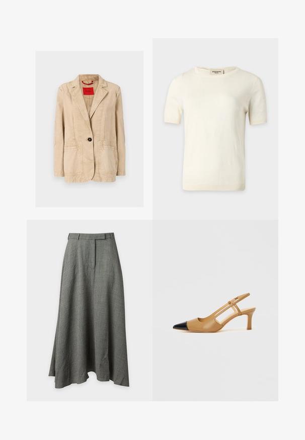 Beige katoenen jas met een gelapte revers, een enkele zwarte knoopsluiting, twee voorzakken en zichtbare stikseldetails. Rode label aan de binnenkant.; Crèmekleurige gebreide top met korte mouwen, ronde hals en geribde randen, met label "Weekend Max Mara" aan de binnenkant van de achterhals.; Grijze, gestructureerde midi A-lijn rok met hoge taille, riemlussen en een verborgen sluiting aan de voorkant, tegen een effen achtergrond.; Beige slingbackhakken met een spitse zwarte neuskap, met uitgeholde zijkanten en een blokhak van gemiddelde hoogte. Glad leermateriaal.