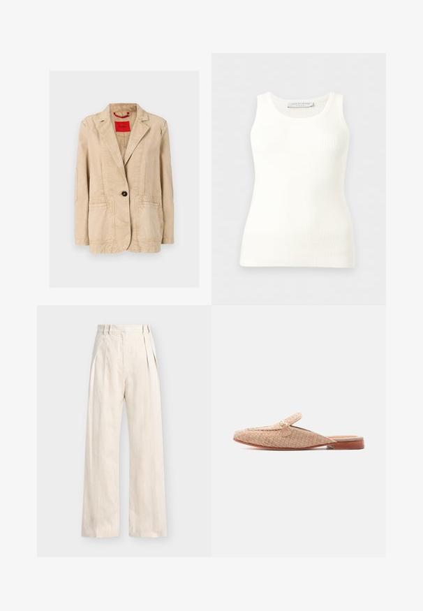 Veste en coton beige avec un revers cranté, fermeture à un bouton noir, deux poches avant et des détails de couture visibles. Étiquette rouge à l'intérieur.; Débardeur blanc côtelé sans manches avec encolure ronde, coupe ajustée, et étiquette de la marque à l'intérieur du col arrière.; Pantalon large beige taille haute avec plis à l'avant, passants pour ceinture et fermeture éclair cachée.; Mule beige en tissu tissé avec un petit talon en bois et un détail chaîne dorée sur le dessus, sur un fond blanc uni.