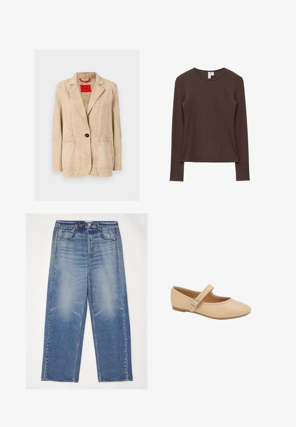 Beige bomuldsjakke med dekorativ krave, enkelt sort knaplukning, to forlommer og synlige syninger. Rød label indeni.; Brun langærmet skjorte lavet af blødt bomuldsstof. Tætsiddende design med ribbet struktur og rund halsudskæring. Enkle, udekorerede kanter.; Blå denim jeans med en afslappet pasform, falmet front, fem lommer og knaplukning. Har en sølvknap og kontrasterende syninger.; Beige flad Mary Jane-sko med rund tå og justerbar strop med sølvspænde på hvid baggrund.