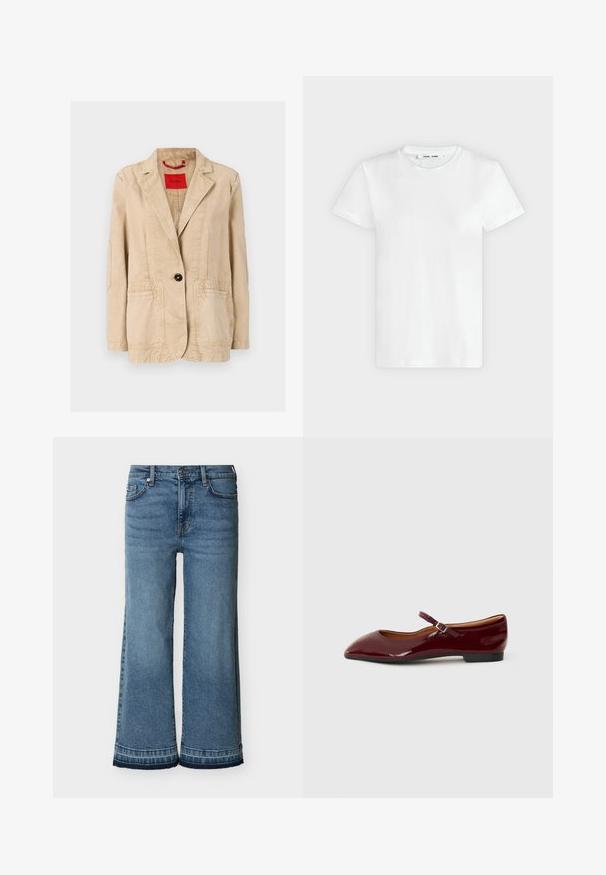 Beige Baumwolljacke mit Reverskragen, einfacher schwarzer Knopfverschluss, zwei Fronttaschen und sichtbaren Nähdetails. Rotes Etikett innen.; Ein schlichtes weißes T-Shirt mit kurzen Ärmeln und Rundhalsausschnitt liegt flach auf einem hellgrauen Hintergrund, zeigt die Vorderseite mit einem Etikett im Halsausschnitt.; Hoch taillierte, blaue Jeans mit weitem Bein aus Denim, mit Knopf- und Reißverschluss, Vorder- taschen, Gürtelschlaufen und abgesteppten Säumen.; Burgunderfarbene Lack-Ballerinas mit einer spitzen Zehenpartie und einem dünnen Knöchelriemen, der mit einer kleinen Schnalle versehen ist. Flache Sohle mit glatter Oberfläche.