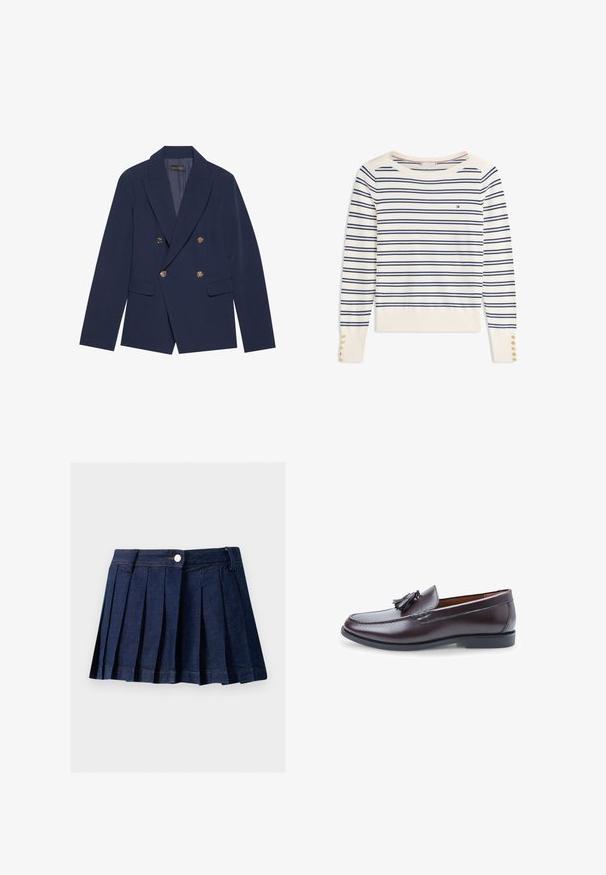 Marineblaues, doppelt geknöpftes Blazer aus glattem Stoff, mit goldfarbenen Knöpfen, Reverskragen und zwei Vordertaschen.; Langärmeliger weißer Pullover mit marineblauen horizontalen Streifen, Rundhals, kleinem Logo auf der Brust und goldenen Knöpfen an den Bündchen.; Dunkelblauer Jeansrock mit Falten, tailliertem Bund, Knopfverschluss und Kontrastnähten. Verfügt über saubere Falten und einen geraden Saum.; Dunkelbrauner Leder-Loafer mit glattem Finish, verziert mit einer dekorativen Quaste und einer runden Kappe, auf einer schwarzen Gummisohle.
