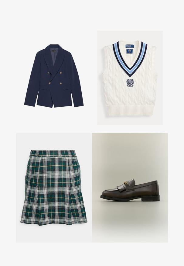 Blazer croisé bleu marine en tissu lisse, doté de boutons dorés, de revers crantés et de deux poches avant.; Gilet sans manches en maille torsadée blanche avec col en V rayé bleu et logo Polo Ralph Lauren Wimbledon sur la poitrine.; Hollister Co. PLEATED MINI SKIRT - Minijupe - green; Mocassin en cuir marron foncé avec détail à franges et boucle dorée sur semelle noire, vu de côté sur un fond neutre.