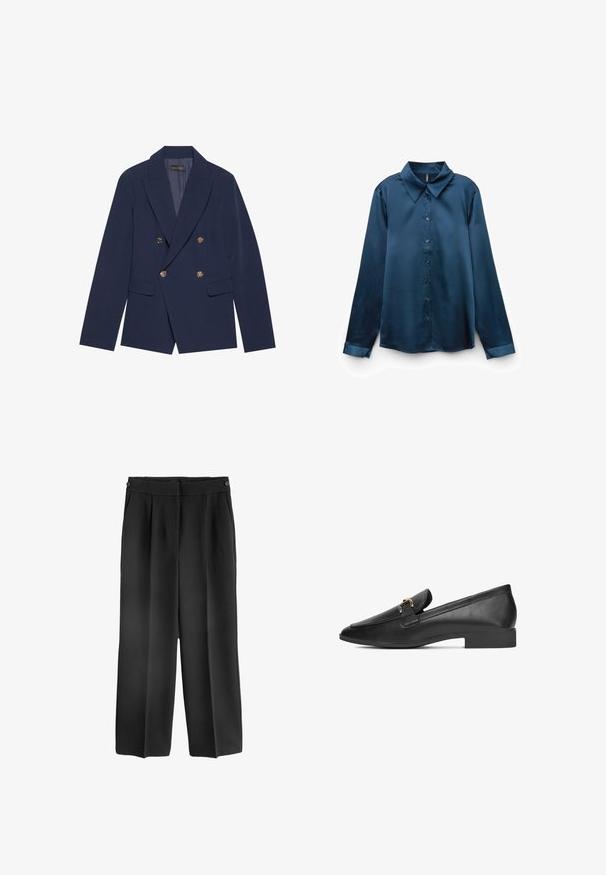 Navyblauwe dubbelzijdige blazer van gladde stof, met gouden knopen, ingesneden revers en twee voorzakken.; Donkerblauw satijnen overhemd met lange mouwen, puntige kraag en knopen aan de voorkant, plat weergegeven op een witte achtergrond.; Hoge zwarte broeken met een wijd uitlopende pasvorm, gemaakt van gladde stof. Heeft voorplooien en een knoopsluiting in de taille.; Zwarte leren loafers met een gladde textuur, een puntige neus en een decoratief gouden beslag aan de voorkant. Lage blokhak.
