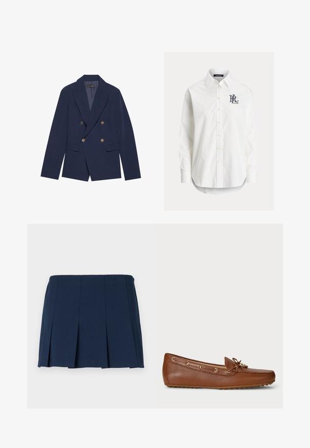 Marineblaues, doppelt geknöpftes Blazer aus glattem Stoff, mit goldfarbenen Knöpfen, Reverskragen und zwei Vordertaschen.; Weißes langärmeliges Hemd mit Knöpfen und spitzem Kragen sowie schwarzem, gesticktem Logo auf der linken Brust.; Marineblauer, gefalteter Minirock mit geradem Bund, aus glattem Stoff. Verfügt über vertikale Nähte entlang der Falten.; Braune Leder-Mokassinschuh mit Schnürungen und goldenen Ösen, runder Zehenform und Gummisohle mit kleinen Rillen für guten Halt.