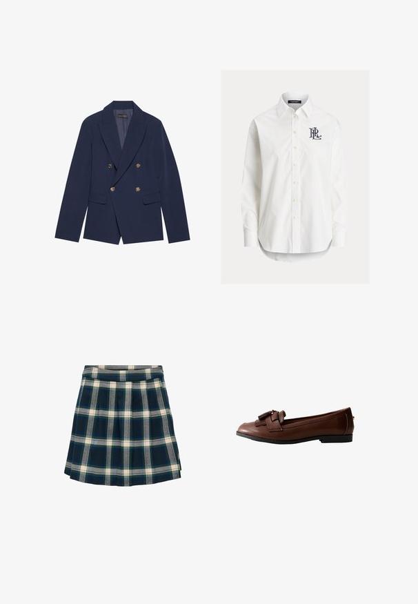 Navyblauwe dubbelzijdige blazer van gladde stof, met gouden knopen, ingesneden revers en twee voorzakken.; Wit overhemd met lange mouwen, knopen, een puntige kraag en een zwart geborduurd logo op de linkerborst.; Geruite rok in marineblauw, groen en crème; geplooid ontwerp met een gladde tailleband, gemaakt van stof die zacht en textuur lijkt te zijn.; Bruine leren loafer met een platte zool, gedetailleerd met een strik en kwastaccent aan de voorkant, met een gladde textuur en een slank ontwerp.