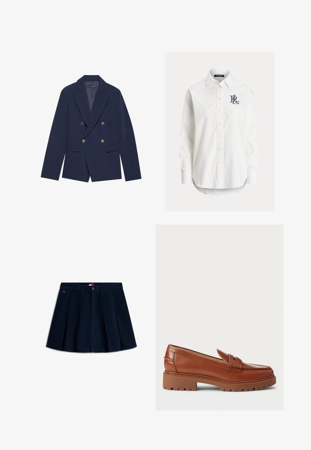 Marineblaues, doppelt geknöpftes Blazer aus glattem Stoff, mit goldfarbenen Knöpfen, Reverskragen und zwei Vordertaschen.; Weißes langärmeliges Hemd mit Knöpfen und spitzem Kragen sowie schwarzem, gesticktem Logo auf der linken Brust.; Marineblaue, plissierte Minirock mit Frontknöpfen und Reißverschluss, Gürtelschlaufen, Seitentaschen und kleinem Logo an der linken Hüfte.; Braune Lederloafers mit einer Mokassin-Spitzenform, sichtbarem Nähen und einer dicken, strukturierten Gummisohle. Akzentuierung mit goldfarbener Hardware.