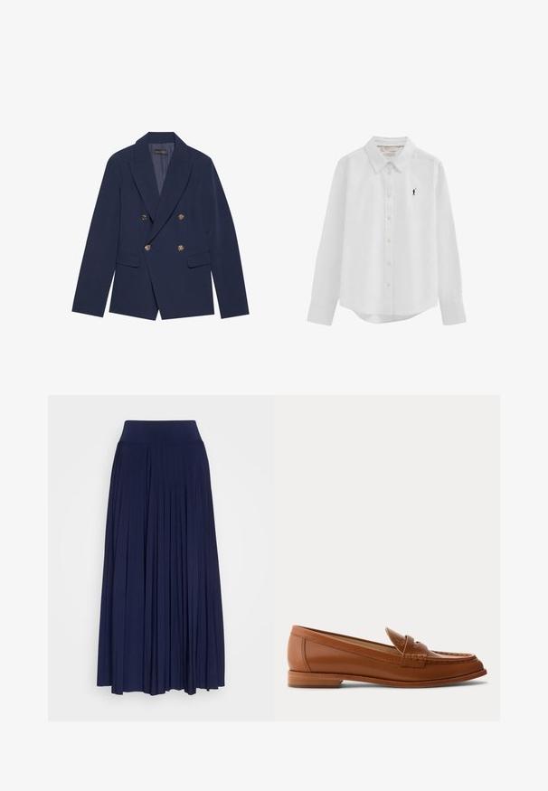 Blazer azul marino de doble botonadura, hecho de una tela suave, con botones dorados, solapas con muesca y dos bolsillos frontales.; Camisa blanca de manga larga con botones, cuello y pequeño logo bordado en negro de jugador de polo en el pecho izquierdo.; Falda plisada de color marino, elaborada en una tela suave, con una cinturilla amplia y cómoda, y un diseño fluido con pliegues verticales en toda la prenda.; Mocasín de cuero marrón con tacón bajo de madera, correa clásica para moneda y detalles cosidos a lo largo de la puntera y los laterales.