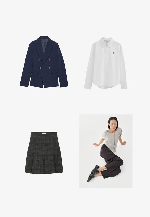 Navyblauwe dubbelzijdige blazer van gladde stof, met gouden knopen, ingesneden revers en twee voorzakken.; Witte blouse met lange mouwen, knopen en kraag, met een klein zwart geborduurd logo van een polo-speler op de linkerborst.; Grijze geruite minirok met plooien, gemaakt van textuurstof. Heeft een zachte tailleband en een klein labeltje nabij de bovenkant.; Lichtgrijze top met korte mouwen, donkere wijde broekspijpen en zwarte loafers. Soepele stof, ontspannen pasvorm en contrasterende bies op het shirt.