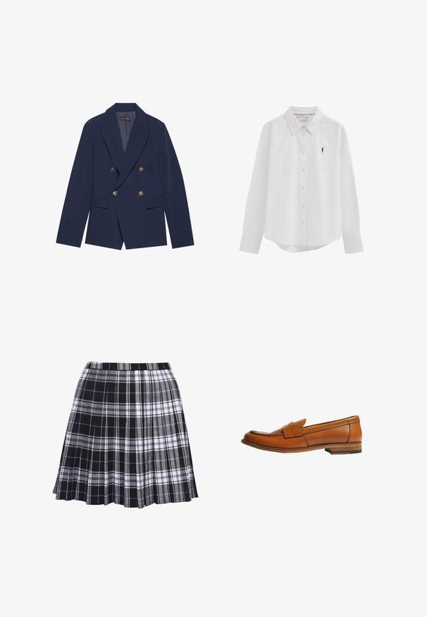 Navyblauwe dubbelzijdige blazer van gladde stof, met gouden knopen, ingesneden revers en twee voorzakken.; Witte blouse met lange mouwen, knopen en kraag, met een klein zwart geborduurd logo van een polo-speler op de linkerborst.; Zwart en grijs geruit geplooide rok met een tailleband, de stof is glad en heeft horizontale en verticale lijnen in verschillende breedtes.; Bruine leren loafer met een platte hak, ronde neus en een decoratieve band over de wreef. Gladde textuur met contrasterende stikdetails.