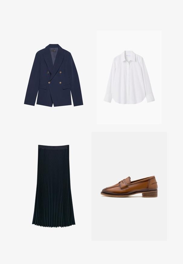 Marineblaues, doppelt geknöpftes Blazer aus glattem Stoff, mit goldfarbenen Knöpfen, Reverskragen und zwei Vordertaschen.; Weißes, langärmliges Hemd mit Knopfleiste, spitzem Kragen und verdeckten Knöpfen vorne, flach auf einem einfarbigen Hintergrund präsentiert.; Plissierter Rock aus dunklem Marine-Stoff, mit einem glatten Bund und vertikalen Falten für Textur und Bewegung, mit einer fließenden Silhouette.; Braune Lederloafer mit einer strukturierten, geflochtenen Vorderseite, runder Spitze und niedrigem, gestapeltem Absatz. Glatte Oberfläche mit dezenten Steppnähten.