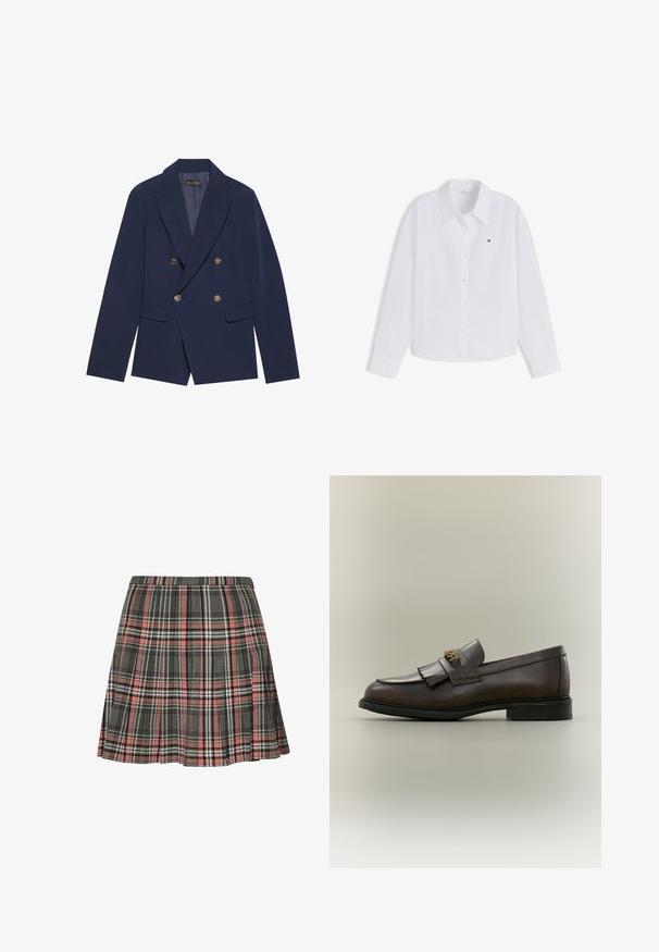 Navyblauwe dubbelzijdige blazer van gladde stof, met gouden knopen, ingesneden revers en twee voorzakken.; Witte blouse met lange mouwen, knoopsluiting, kraag en klein Tommy Hilfiger-logo op de linkerborst.; Geruite rok in grijs en roze, met een geplooid ontwerp met zwarte en witte accenten. Gemaakt van geweven stof, tot halverwege de dij.; Donkerbruine leren loafer met franjes en gouden gesp op zwarte zool, gezien van opzij tegen een neutrale achtergrond.