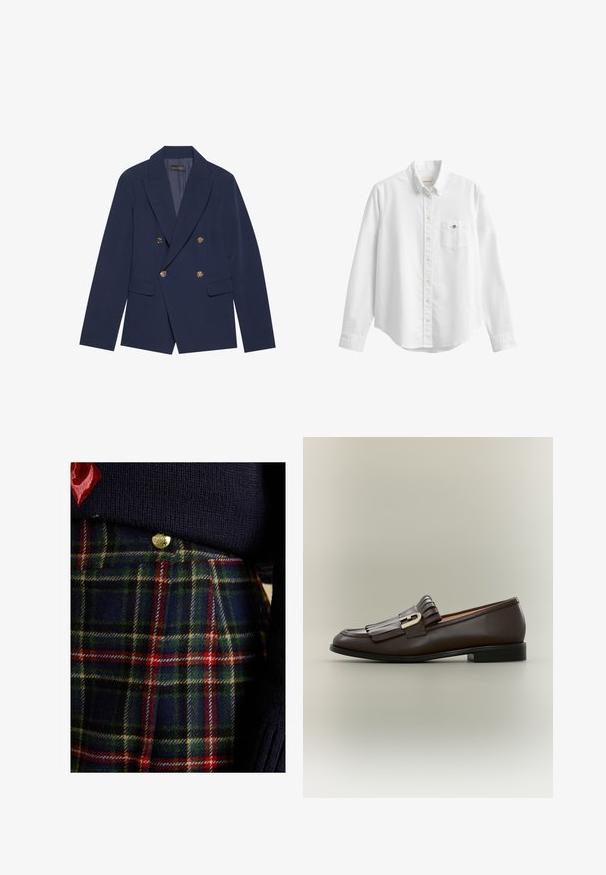 Blazer azul marino de doble botonadura, hecho de una tela suave, con botones dorados, solapas con muesca y dos bolsillos frontales.; Camisa blanca de manga larga con botones, cuello y bolsillo en el pecho con pequeño logo bordado sobre un fondo liso.; Jersey de punto azul marino superpuesto sobre una falda de cuadros con tonos verdes, rojos y amarillos, con detalles de botones dorados y tejido de lana texturizada.; Mocasín de cuero marrón oscuro con detalle de flecos y hebilla dorada sobre un fondo neutro, vista lateral.
