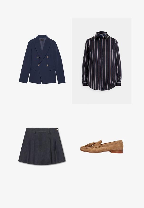 Blazer azul marino de doble botonadura, hecho de una tela suave, con botones dorados, solapas con muesca y dos bolsillos frontales.; Camisa de manga larga azul marino con rayas verticales blancas y rojas, cuello puntiagudo y tapeta de botones oculta.; Mini falda de mezclilla azul oscuro con lazos para cinturón, pliegues frontales y un pequeño botón plateado en el lado derecho de la cintura.; Mocasines de ante en marrón claro con tacón plano, que presentan un borlas decorativa y un acabado cosido a lo largo de los bordes.