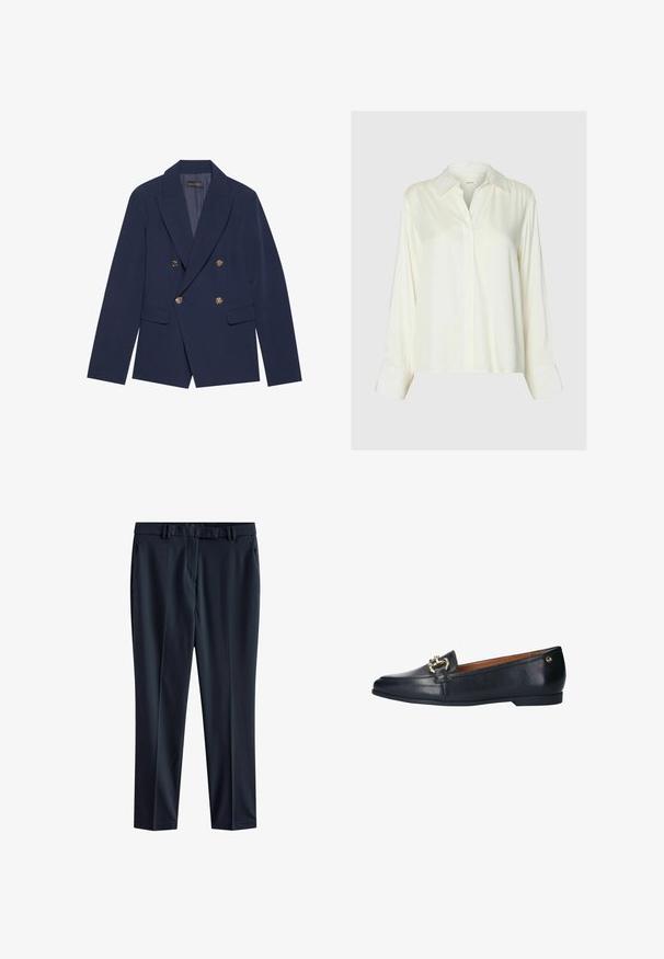 Navyblauwe dubbelzijdige blazer van gladde stof, met gouden knopen, ingesneden revers en twee voorzakken.; Witte satijnen blouse met lange mouwen, klassieke kraag en verborgen knoopsluiting aan de voorkant, weergegeven op een effen lichtgrijze achtergrond.; Marineblauwe broek van gladde stof met een rechte snit, voorzien van een tailleband met riemlussen en zijzakken.; Zwarte leren instappers met een ronde neus, voorzien van een accent van goudkleurige metallic details en een platte zool. Glad oppervlak met minimale stiksels.