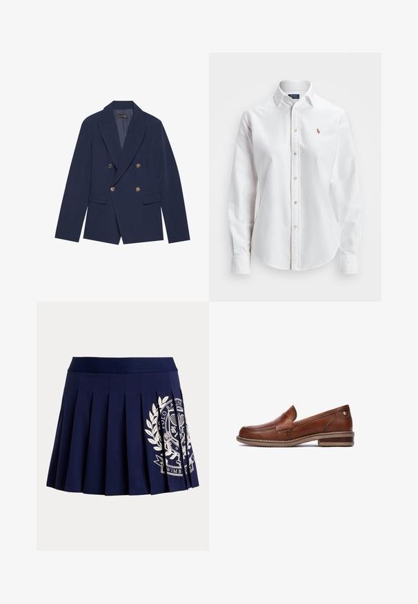 Navyblauwe dubbelzijdige blazer van gladde stof, met gouden knopen, ingesneden revers en twee voorzakken.; Witte, lange mouwen, button-up overhemd van katoen, met een klassieke kraag en een klein geborduurd logo op de borst.; Marineblauwe geplooide rok met brede tailleband en wit tennis-thema wapenlogo aan de rechteronderkant.; Bruine lederen loafers met gestikte details, een lage hak en een gestructureerde rubberen zool. Heeft een kleine gouden accent nabij de hak.