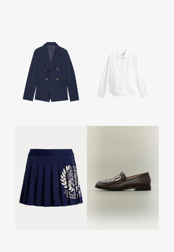 Blazer azul marino de doble botonadura, hecho de una tela suave, con botones dorados, solapas con muesca y dos bolsillos frontales.; Camisa blanca de manga larga con cuello, siete botones y puños ajustados, mostrada sobre un fondo blanco liso.; Falda plisada azul marino con cinturilla ancha y logotipo blanco con escudo temático de tenis en el lado inferior derecho.; Mocasín de cuero marrón oscuro con detalle de flecos y hebilla dorada sobre un fondo neutro, vista lateral.