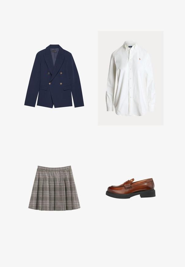 Navyblauwe dubbelzijdige blazer van gladde stof, met gouden knopen, ingesneden revers en twee voorzakken.; Wit overhemd met lange mouwen, knoopsluiting, button-down kraag en klein geborduurd polo spelerlogo op de linkerborst.; Geruite rok in zwart, wit en grijs met plooien en een aangesloten tailleband. Effen textuur met een klassiek tartanpatroon over de hele rok.; Bruine leren instapper met een ronde neus, accentstiksel en een zwarte rubberen zool. Heeft een decoratieve band over de bovenkant.