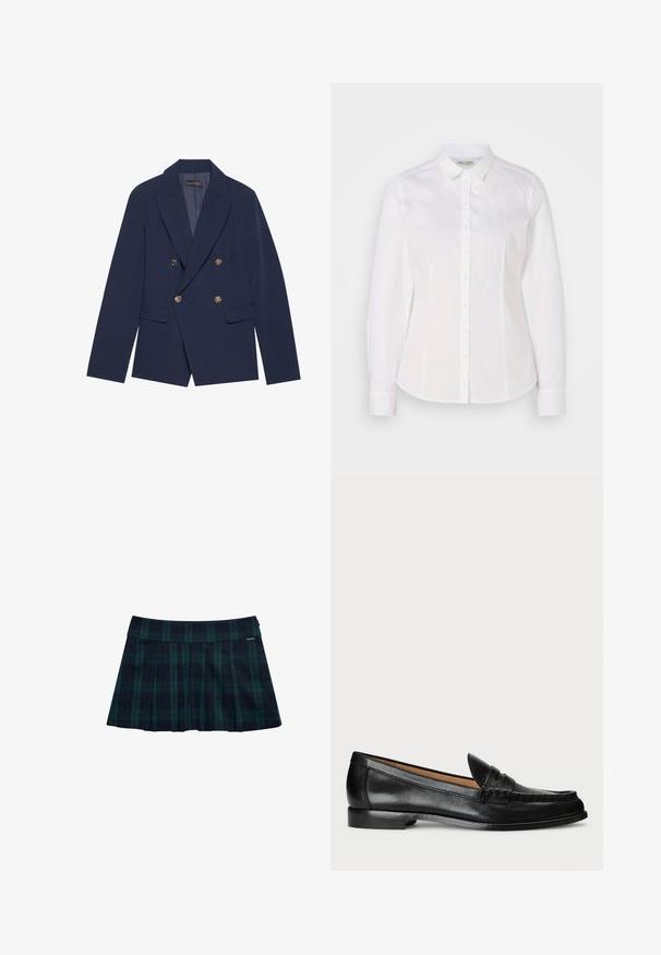 Navyblauwe dubbelzijdige blazer van gladde stof, met gouden knopen, ingesneden revers en twee voorzakken.; Witte button-down shirt van soepel katoen met een klassieke kraag, lange mouwen en een subtiel logo op de borst. Voorzien van een knoopsluiting aan de voorkant.; Geruite geplooide rok in donkergroen en marineblauw met een gladde tailleband en logodetail. Heeft een klassiek, gelaagd plooidesign.; Lauren Ralph Lauren WYNNIE - Instappers - black