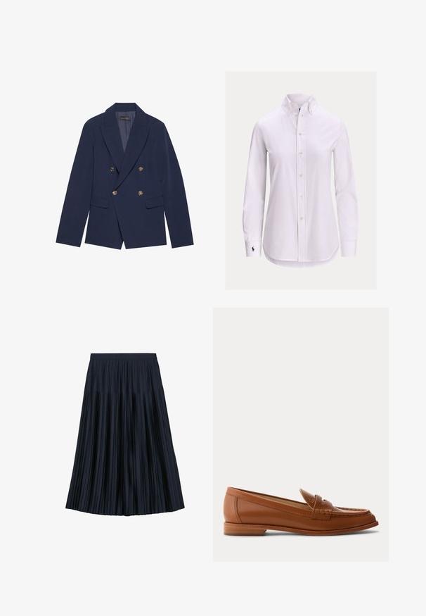 Marineblaues, doppelt geknöpftes Blazer aus glattem Stoff, mit goldfarbenen Knöpfen, Reverskragen und zwei Vordertaschen.; Weißes langärmliges Hemd mit Knopfleiste, geknöpftem Kragen und kleinem gesticktem Logo auf der linken Manschette.; Marineblauer plissierter Midirock mit tailliertem Bund, gleichmäßig verteilten vertikalen Falten und fließender A-Linien-Silhouette.; Brauner Lederloafer mit niedrigem Holzabsatz, klassischem Pennyriemen und genähten Details entlang der Zehen- und Seitenpartien.