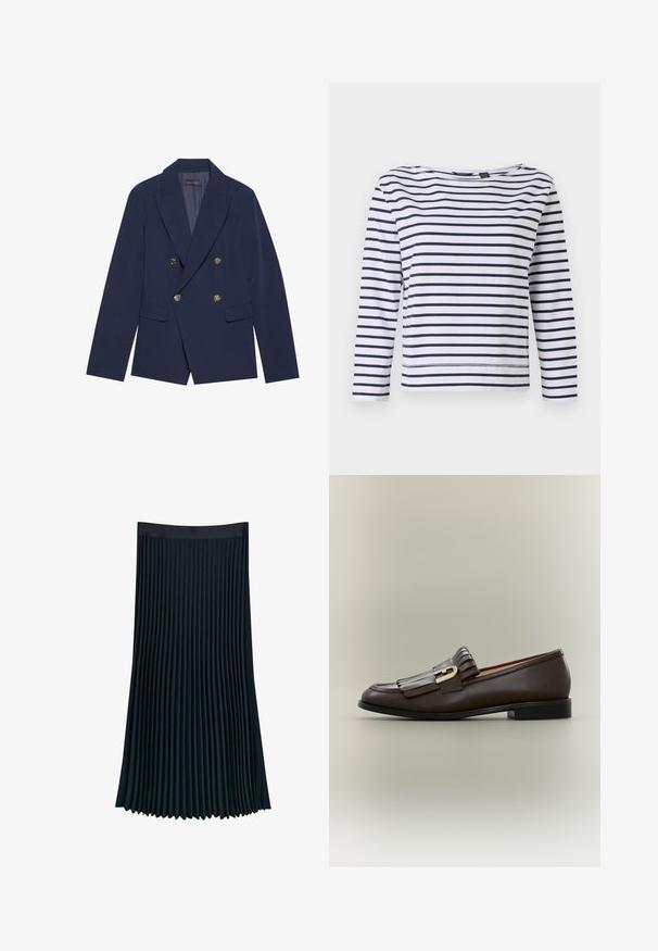 Navyblauwe dubbelzijdige blazer van gladde stof, met gouden knopen, ingesneden revers en twee voorzakken.; Gestreepte lange mouwen top in wit en marineblauw, met een bootnek en een ontspannen pasvorm. Gemaakt van zacht katoen met gestikte zomen.; Gelaagde rok in donker marineblauwe stof, met een gladde tailleband en verticale plooien voor textuur en beweging, met een vloeiende silouet.; Donkerbruine leren loafer met franje-detail en gouden gesp op een neutrale achtergrond, zijaanzicht.