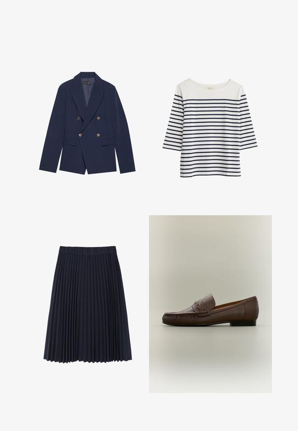 Navyblauwe dubbelzijdige blazer van gladde stof, met gouden knopen, ingesneden revers en twee voorzakken.; Katoenen shirt met 3/4 mouwen, voorzien van horizontale donkerblauw en witte strepen, ronde halslijn en een losse pasvorm.; Marineblauwe geplooide rok, gemaakt van een zachte stof. Beschikt over een brede elastische tailleband en valt net boven de knie met een gladde textuur.; Bruine leren loafer met een metalen bitdetail aan de voorkant en een lage zwarte hak, zijaanzicht op een neutrale achtergrond.