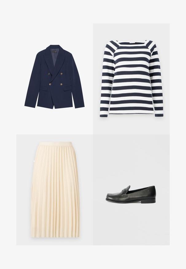 Navyblauwe dubbelzijdige blazer van gladde stof, met gouden knopen, ingesneden revers en twee voorzakken.; TOM TAILOR STRIPED CARRE NECK - Longsleeve - lunar eclipse/off white; Roomkleurige geplooide midi-rok met een aansluitende tailleband, recht hangend tegen een effen achtergrond.; Zwarte leren instappers met een ronde neus, verhoogde stiksel details en een lage gestapelde hak. Gladde textuur met een subtiele glans.