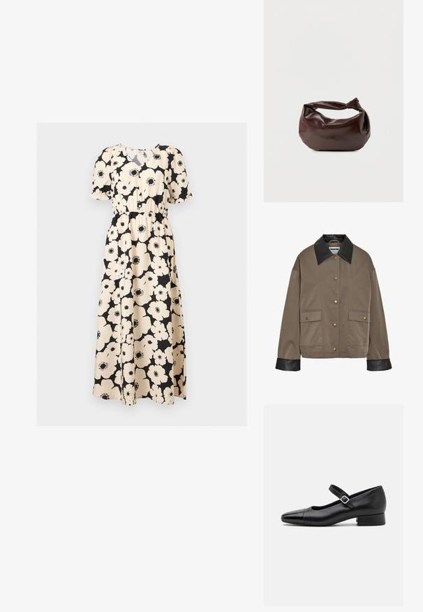 Chaqueta marrón con botones, cuello y puños de cuero negro, que cuenta con dos bolsillos frontales con solapa y cierres a presión.; Vestido midi floral negro y crema con mangas cortas abullonadas, cintura elástica, escote en V y detalles de botones en la parte delantera.; Zapatos Mary Jane de cuero negro con puntera de charol, correa de tobillo ajustable y tacón bajo. Textura suave y diseño elegante.; Bolso de hombro de cuero marrón oscuro con una forma suave y caída, y un asa con nudo torcido sobre un fondo blanco liso.