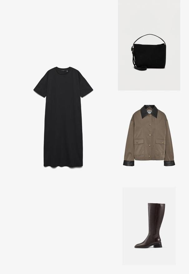 Chaqueta marrón con botones, cuello y puños de cuero negro, que cuenta con dos bolsillos frontales con solapa y cierres a presión.; Vestido midi negro de manga corta y cuello redondo con silueta recta, presentado sobre un fondo blanco.; Botas de cuero marrón hasta la rodilla con un acabado suave, punta redonda y un tacón negro de pala. Diseño simple con detalles de herrajes mínimos.; Bolso rectangular negro con asa corta y correa para el hombro desmontable, exhibido contra un fondo claro y liso.