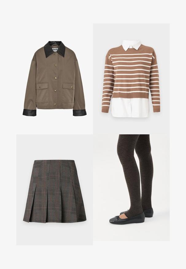 Chaqueta marrón con botones, cuello y puños de cuero negro, que cuenta con dos bolsillos frontales con solapa y cierres a presión.; Suéter a rayas horizontales marrón y blanco, superpuesto a una camisa blanca con cuello y botones, exhibido sobre un fondo blanco.; Falda de cuadros gris con pliegues, con intrincados patrones en blanco y negro, acentuados por delgadas líneas rojas. Está hecha de una tela estructurada.; Piernas con leggings oscuros acanalados combinados con bailarinas negras que presentan pequeños detalles de lazo sobre un fondo blanco.