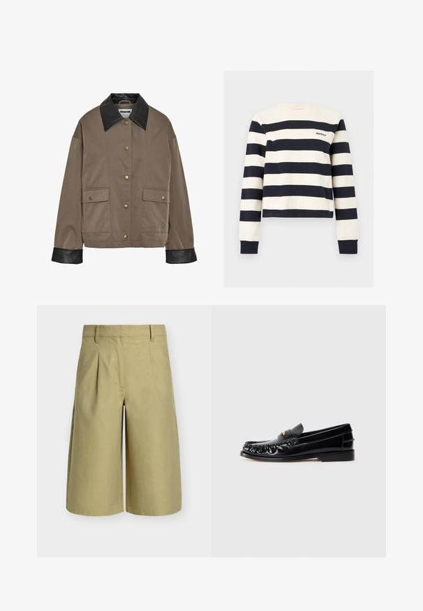 Bruine button-up jas met een zwarte leren kraag en manchetten, met twee voorflapzakken met drukknoopsluitingen.; Langarm T-shirt met ronde hals, brede horizontale zwarte en witte strepen, Barbour-logo op de linkerborst en geribde boorden.; Licht kaki knielange op maat gemaakte korte broek met riemlussen en voorplooien tegen een witte achtergrond.; Zwarte leren instappers met een ronde neus, decoratieve stiksels en een kleine gouden accent op de wreef. Platte rubberen zool, strak design.