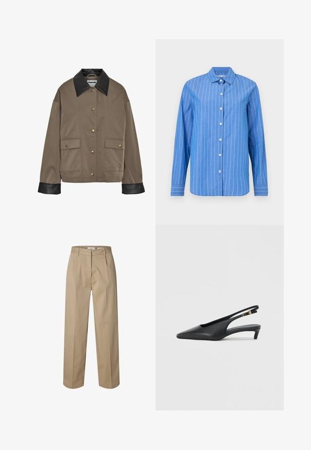 Chaqueta marrón con botones, cuello y puños de cuero negro, que cuenta con dos bolsillos frontales con solapa y cierres a presión.; Camisa azul de manga larga con rayas verticales blancas, cierre frontal con botones, cuello clásico y textura de tela suave.; Pantalones beige de pierna recta con trabillas para el cinturón, cremallera y cierre frontal con broche, y discretas pinzas frontales para un look entallado.; Zapatos de tacón estilo slingback negros con punta afilada, textura de cuero suave, un tacón bajo tipo kitten heel y una correa con un detalle de hebilla metálica.